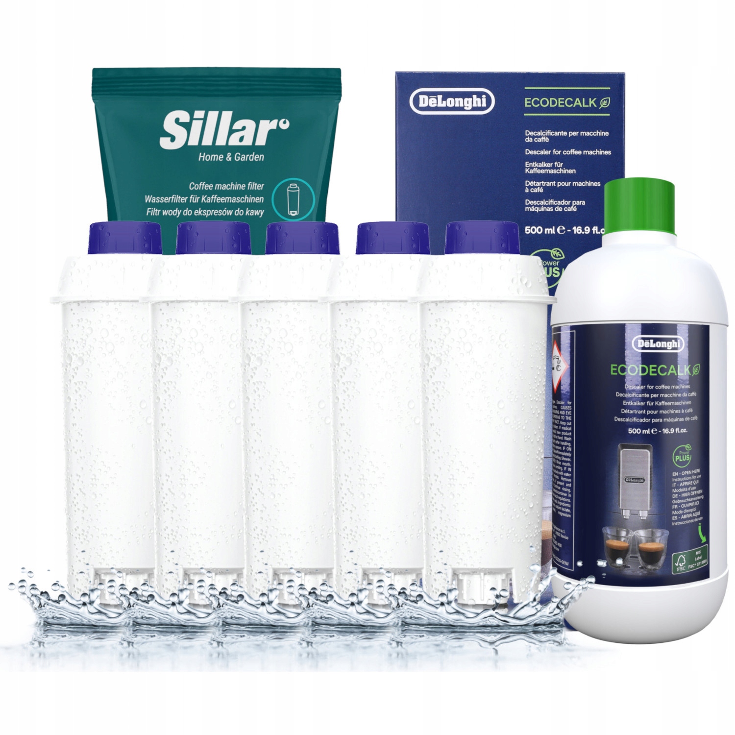 Sillar 5_SIL001 vodné filtre do kávovaru Delonghi 5 ks + Delonghi Ecodecalk DLSC500 odstraňovač vodného kameňa 500 ml